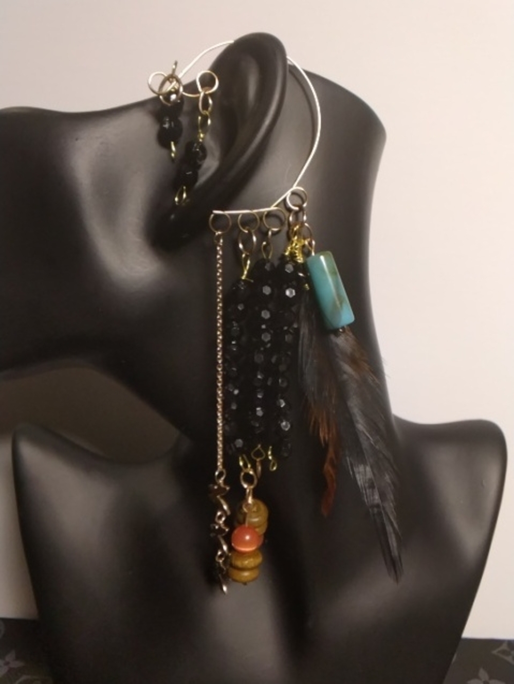 Handcrafted Black Bead & Feather Statement  Cuff Earring with Turquoise A